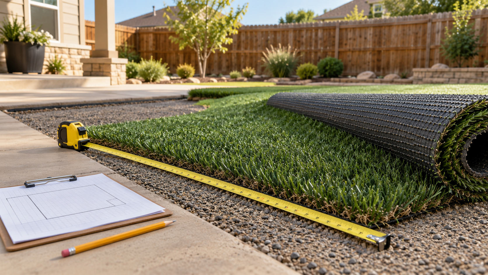 Measuring tape beside partially unrolled artificial turf, with a yard layout sketch on a clipboard. AI-generated illustration.