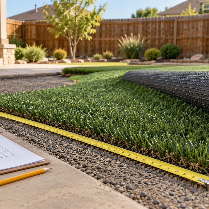 Measuring tape beside partially unrolled artificial turf, with a yard layout sketch on a clipboard. AI-generated illustration.